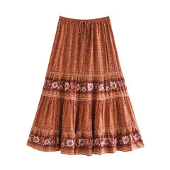 Bohemian Stream Flower Print Long Skirt Stitching Ruched Ruffle