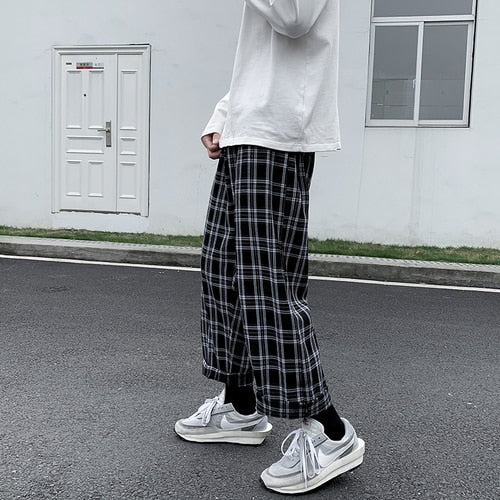 Men Casual Pants Plaid Ankle Length Loose Wide Leg Elastic Waist Trousers