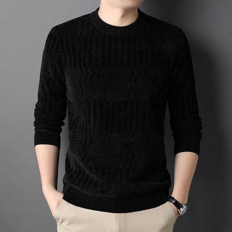 Sweater Men Winter Fleece Thick Warm Pullovers Slim Fit Striped Knitted Sweater