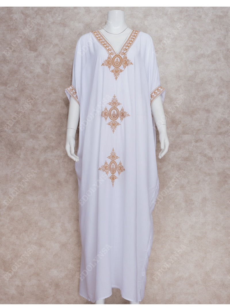 Elegant Gold Embroidered Kaftan Retro V-neck White Dress