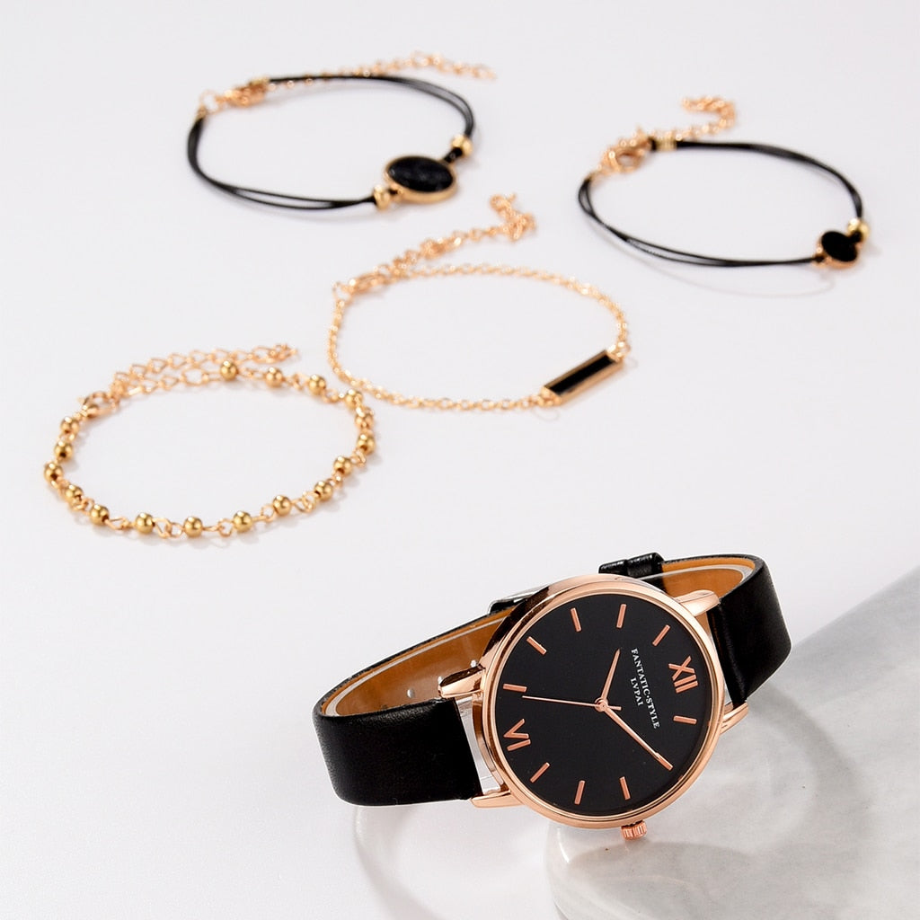 Watch Set Women 5pcs Woman Quartz Wristwatch Leather Ladies Bracelet