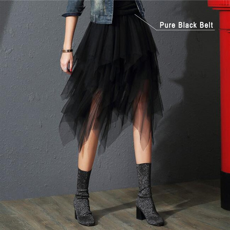 Tulle Skirts Womens Irregular Fashion Elastic High Waist Mesh Tutu Skirt