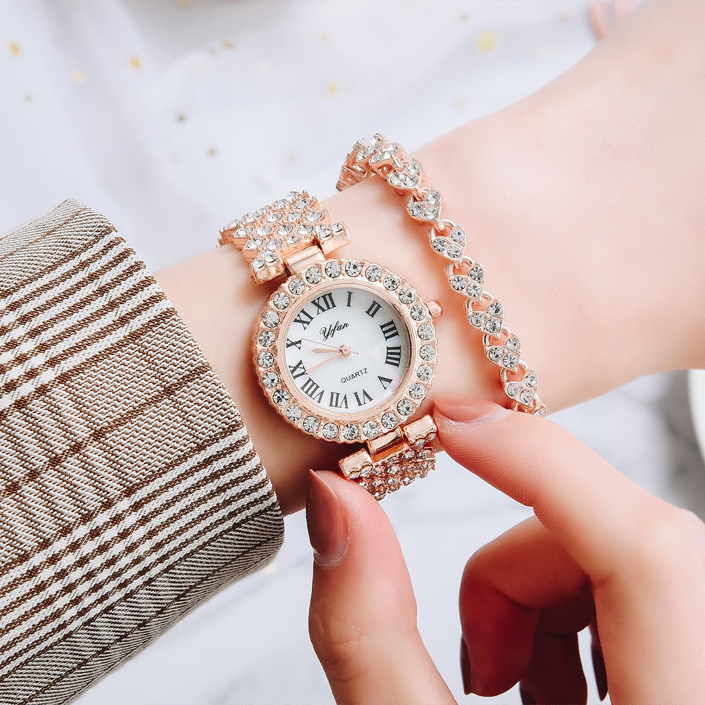 Rose Gold Watch Fashion Ladies Quartz Diamond Wristwatch Elegant