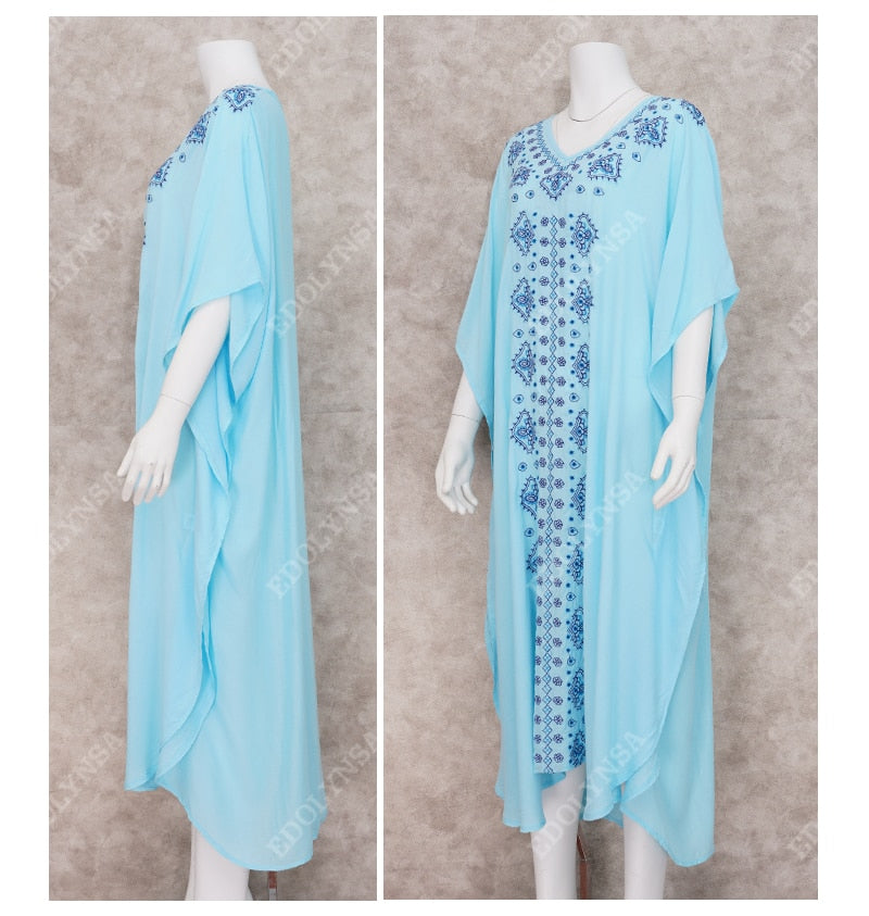 Embroidery Cotton Beach Kaftan Cover up Saida de Praia Swimsuit