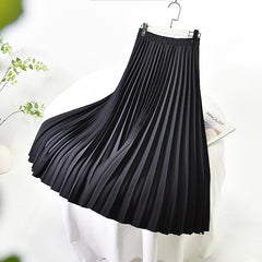 Women A-Line Spring Pleated Skirt Elegant Stretch High Waist Long Skirt