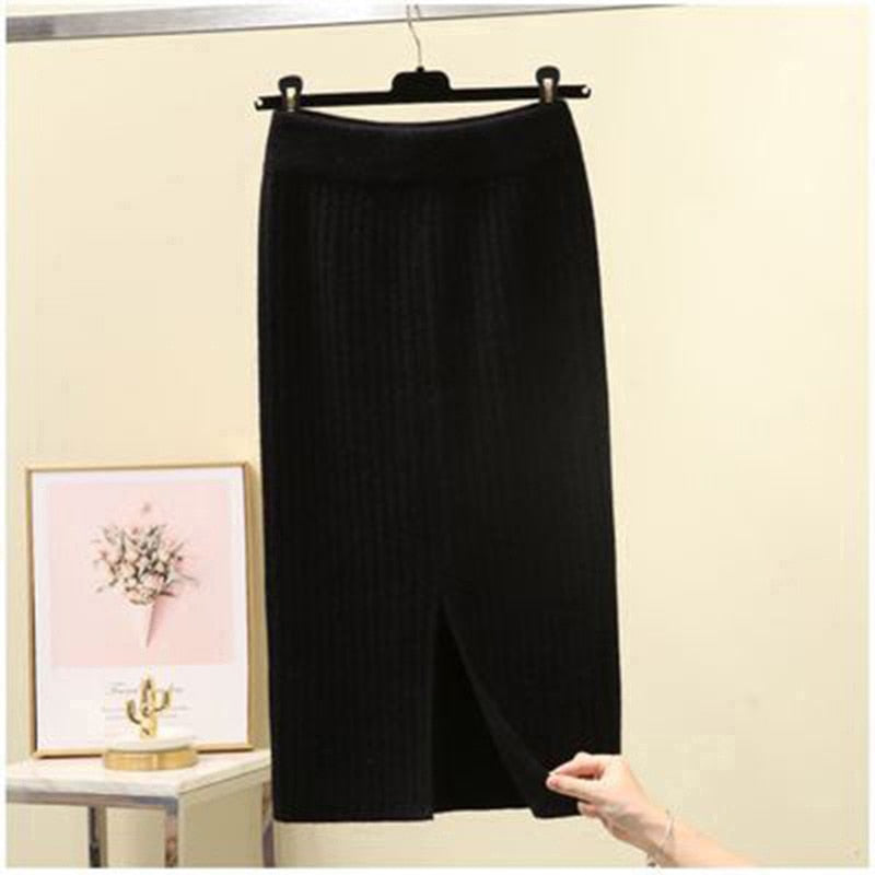 Knit Pencil Skirt Women High Waist Elastic Skirts