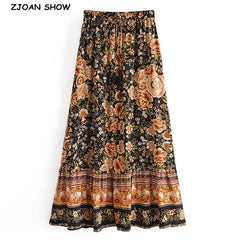 2021 Bohemia Black Orange Floral Print Long Skirt Spliced Ruched Ruffle