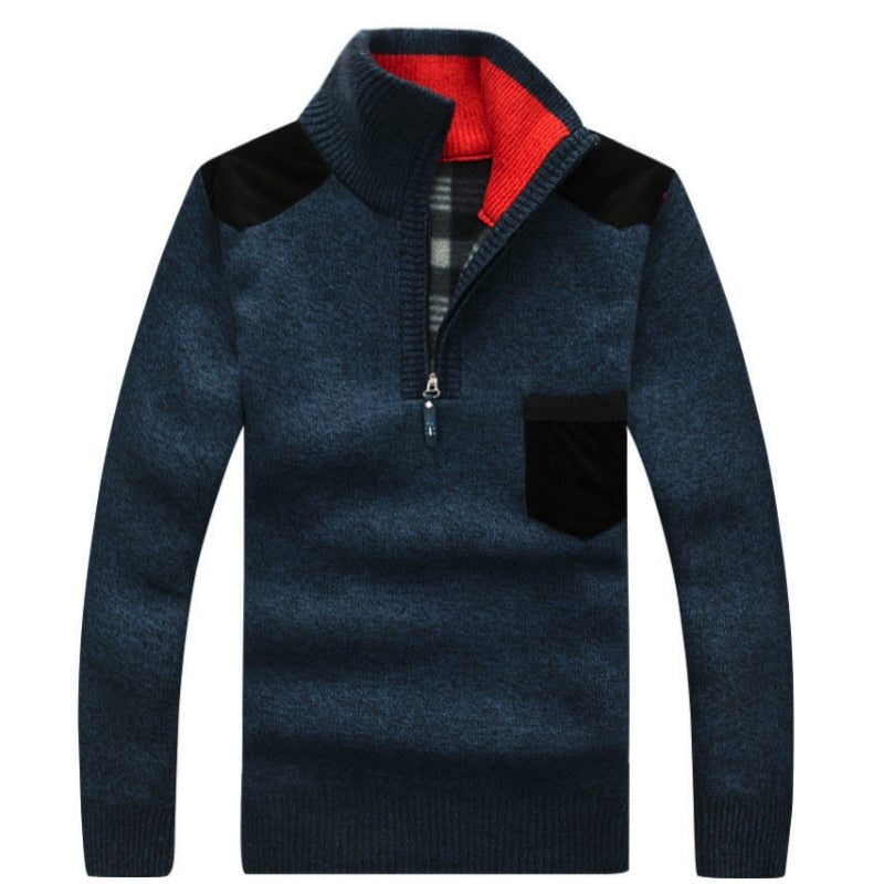 Men's Turtleneck Sweater Half Zip Fleece Knitted Wool Pullover Long Sleeve Pocket