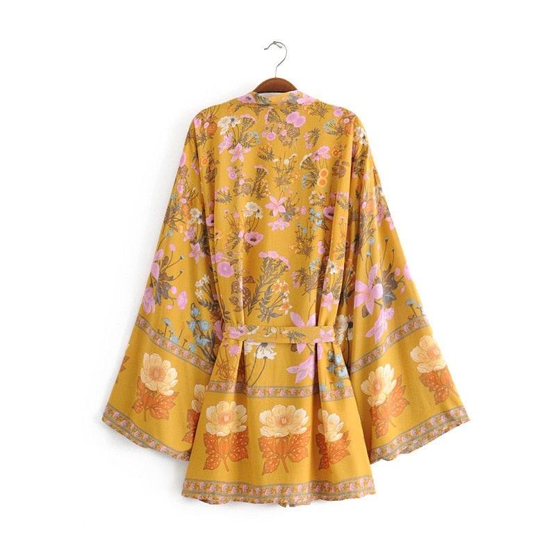 BOHO Women Bohemian Yellow V neck Flower Print Kimono Shirt