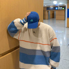 Striped sweater men's loose sweater coat lazy wind thickened round neck