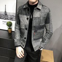 Winter Men Casual Lapel Hoodless Jacket Slim Plaid Woolen Coat