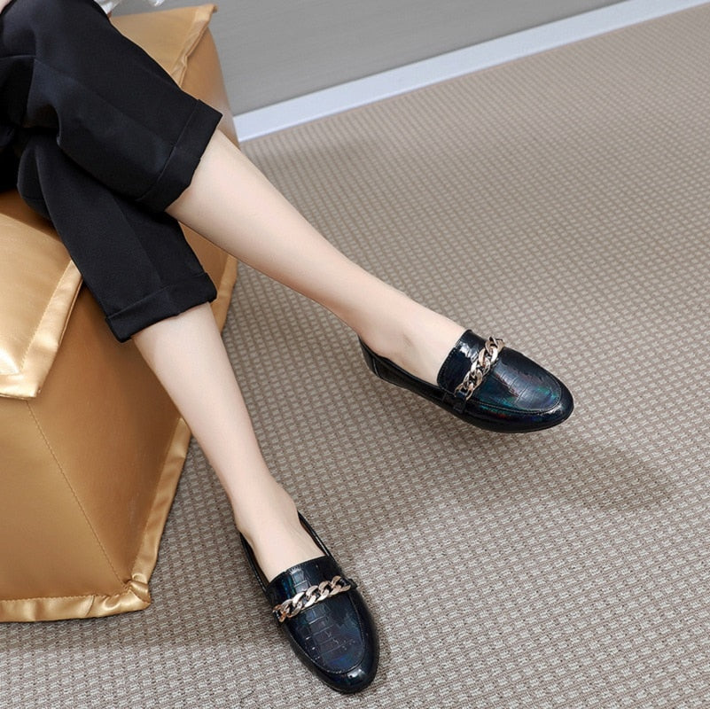 Loafers Flats Shoes Fashion Retro Design Black Leather Office Walk Casual