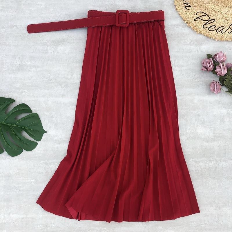 High Waist Women Skirt Casual Vintage Solid Belted Pleated Midi Skirts