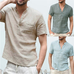 Men T-shirt V-neck single breasted design Casual Linen Breathable Shirt