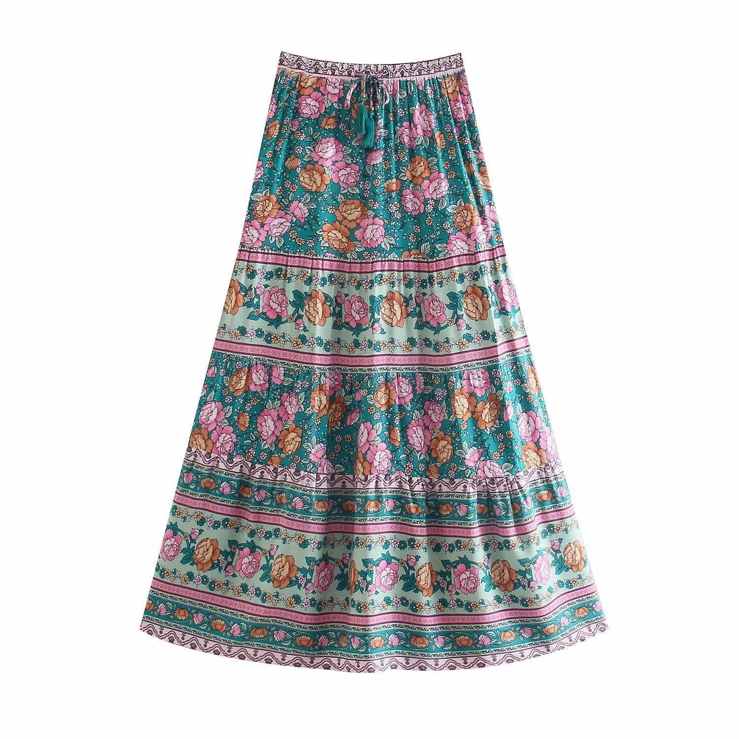 Bohemian Floral Print Skirts Elastic Waist Ruffle Midi Skirt Vintage