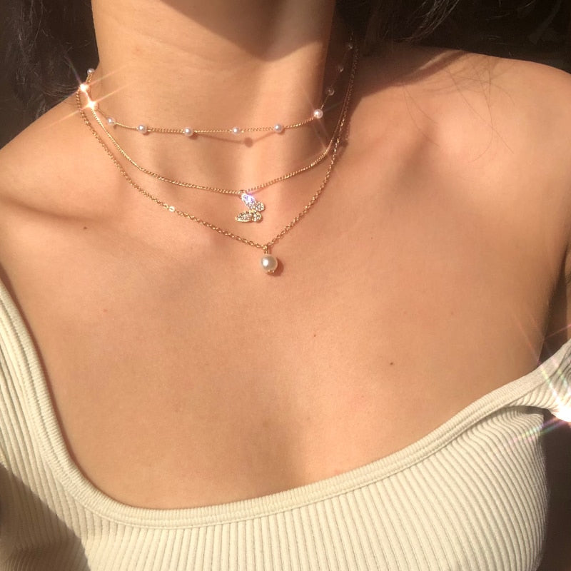 Dainty Pearl Flower Bow-knot Choker Necklace Long Chain Pearl Heart