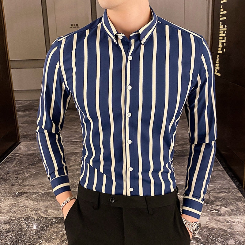 Long Sleeve Striped Shirts Men Simple Slim Fit Business Office Blouse