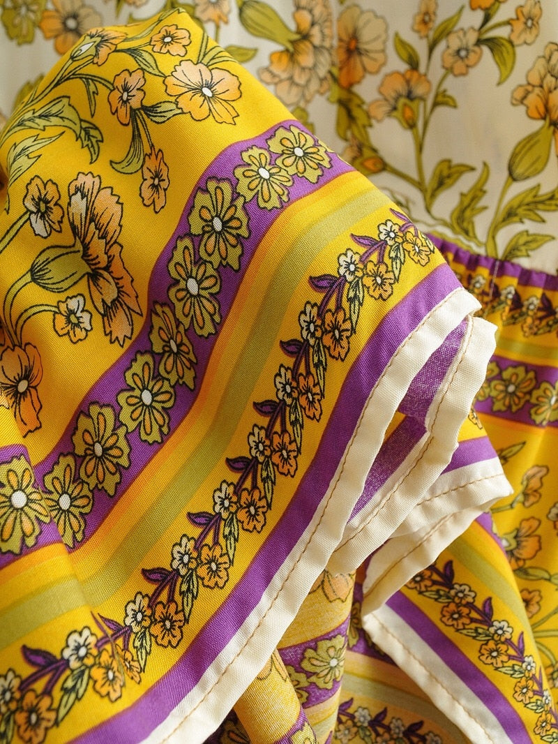 Bohemia Yellow Contrast color Floral Print Long Skirt