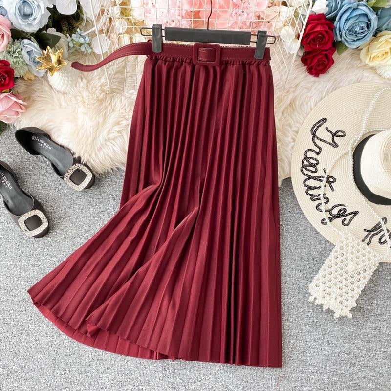 High Waist Women Skirt Casual Vintage Solid Belted Pleated Midi Skirts