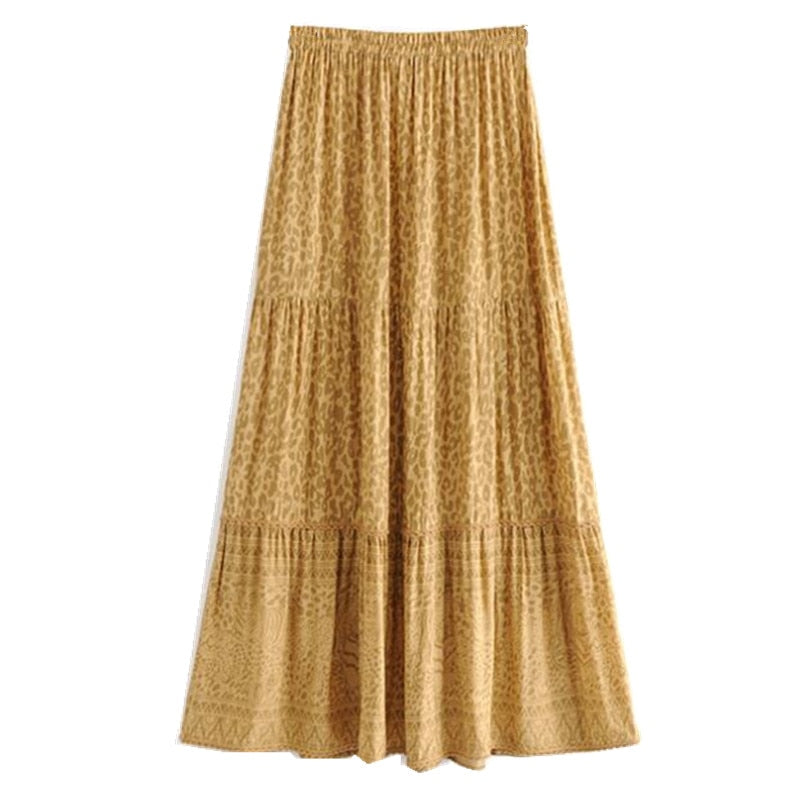 Bohemian Yellow Leopard Print Long Skirt BOHO Waist Swing Skirts