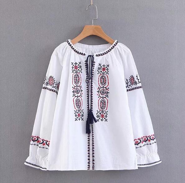 Bohemian Lacing up tassel V neck Flower Embroidery Shirt Long Sleeve