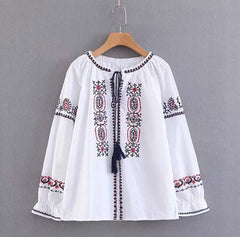 Bohemian Lacing up tassel V neck Flower Embroidery Shirt Long Sleeve