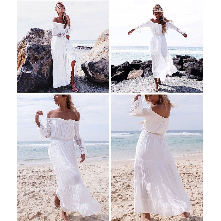 long  boho dress off the shoulder beach sundress Flare long sleeve