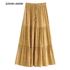 Bohemian Yellow Leopard Print Long Skirt BOHO Waist Swing Skirts