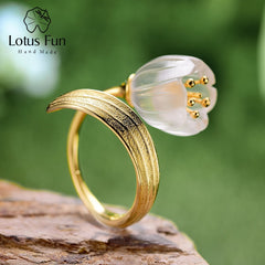 Lotus Fun Real Sterling Silver Gold Ring Natural Crystal Handmade Fine Jewelry