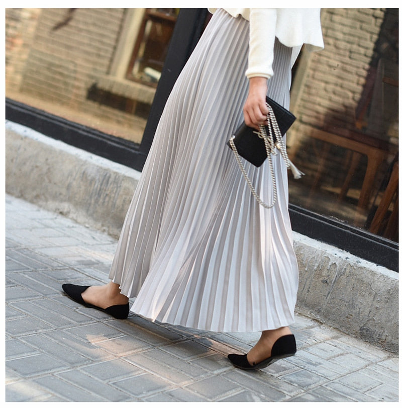 Fashion Pleated Midi Long Skirt Koran Casual High Waist Skirts