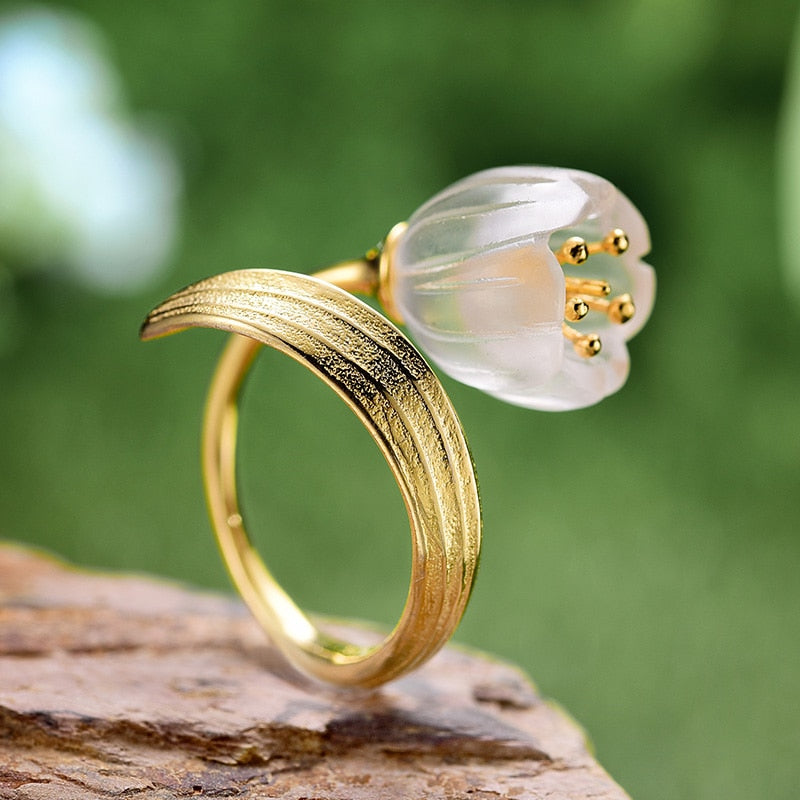 Lotus Fun Real Sterling Silver Gold Ring Natural Crystal Handmade Fine Jewelry