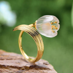 Lotus Fun Real Sterling Silver Gold Ring Natural Crystal Handmade Fine Jewelry