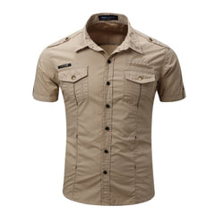 Shirt Men Casual Shirt Solid Short Sleeve Shirts Multi Pocket Work Shirt