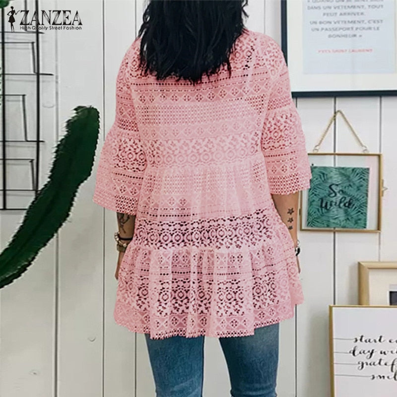 Lace Crochet Blouse Flare Sleeve Hollow Out Shirts