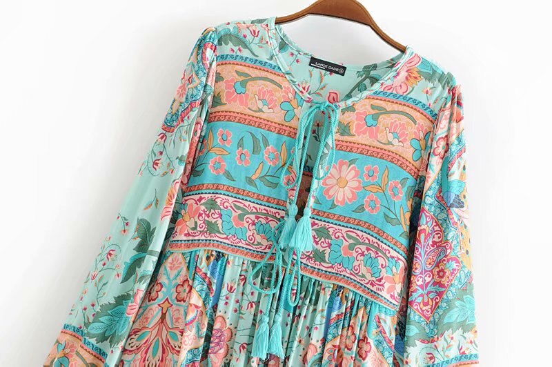 Vintage Chic Fashion Women Long Sleeve Tassel Red Floral Print