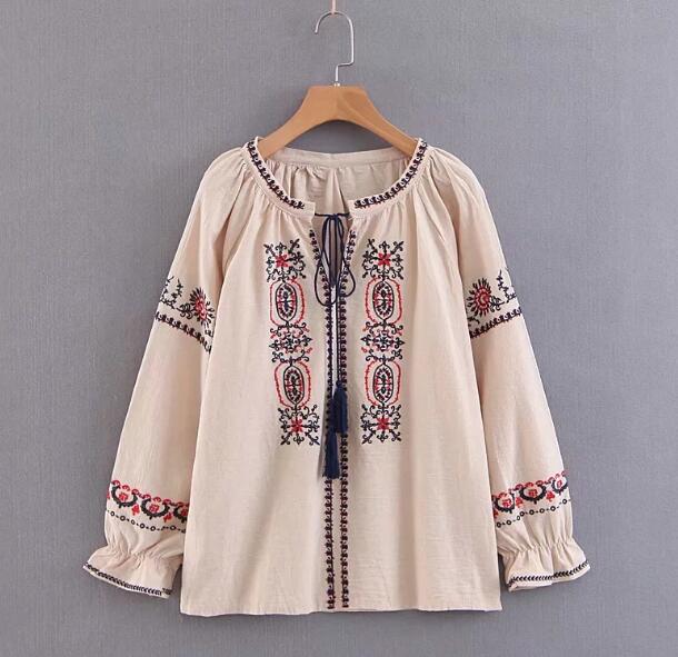 Bohemian Lacing up tassel V neck Flower Embroidery Shirt Long Sleeve