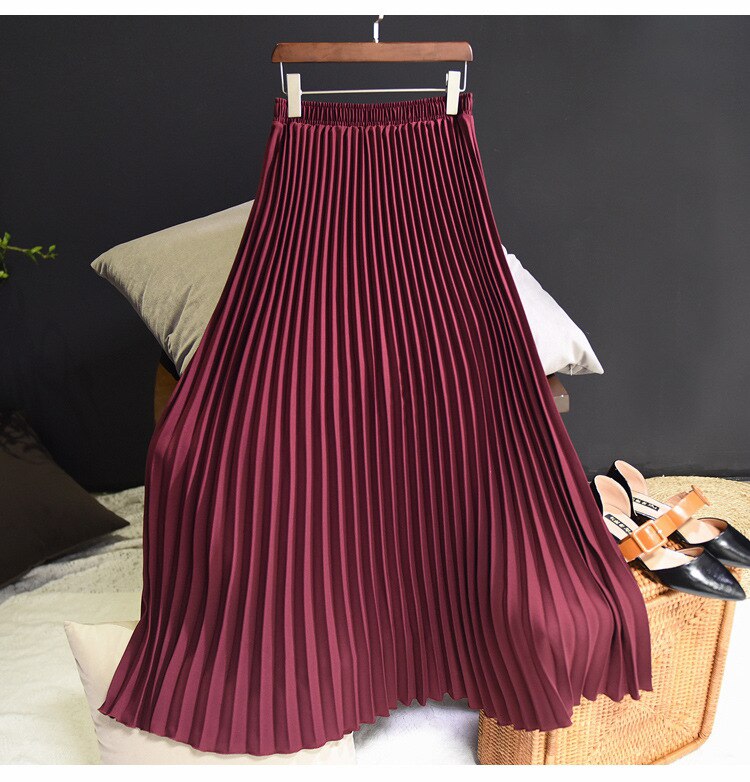 Fashion Pleated Midi Long Skirt Koran Casual High Waist Skirts