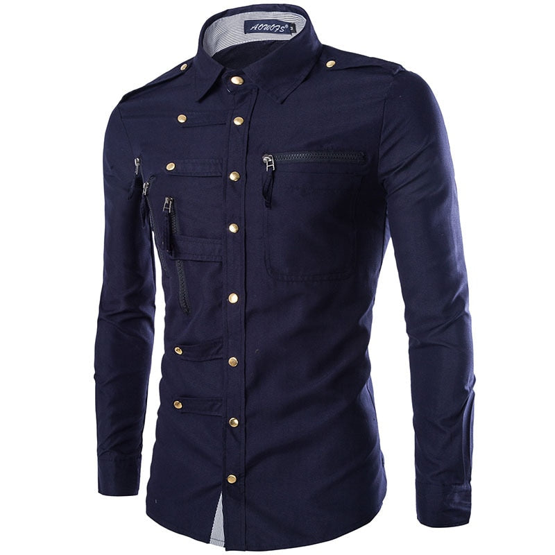 Men Long Sleeve Shirt Casual Slim Fit Fashion Double Pocket Shirt