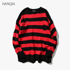 Striped Sweaters Washed Destroyed Ripped Sweater Hole Knit Jumpers Men Sweater