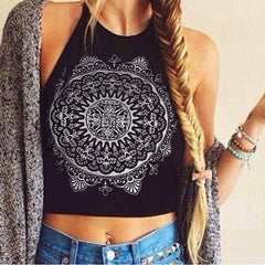 Fashion Backless Sexy Cropped Tops Mandala Printed Sleeveless