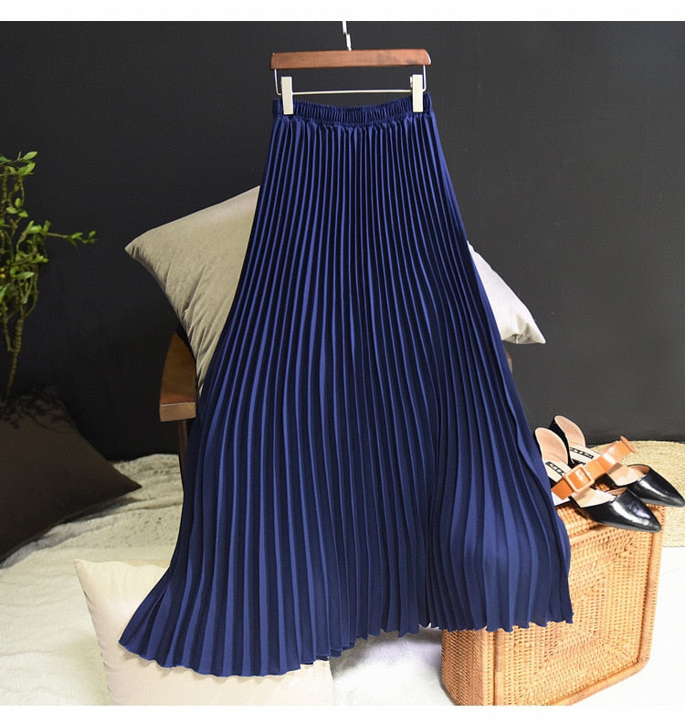 Fashion Pleated Midi Long Skirt Koran Casual High Waist Skirts