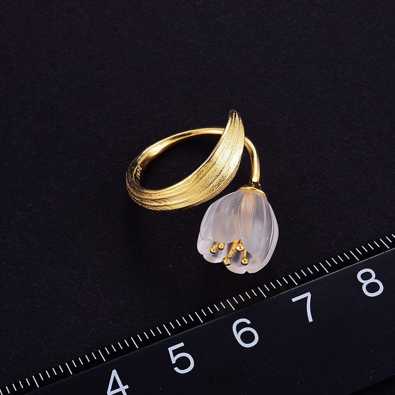 Lotus Fun Real Sterling Silver Gold Ring Natural Crystal Handmade Fine Jewelry