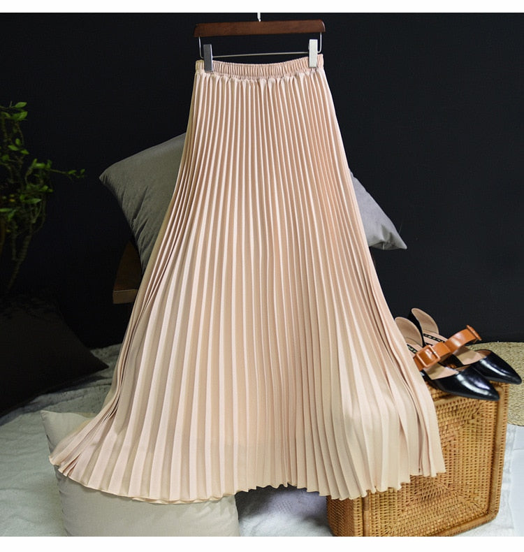 Fashion Pleated Midi Long Skirt Koran Casual High Waist Skirts