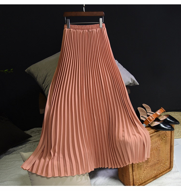 Fashion Pleated Midi Long Skirt Koran Casual High Waist Skirts