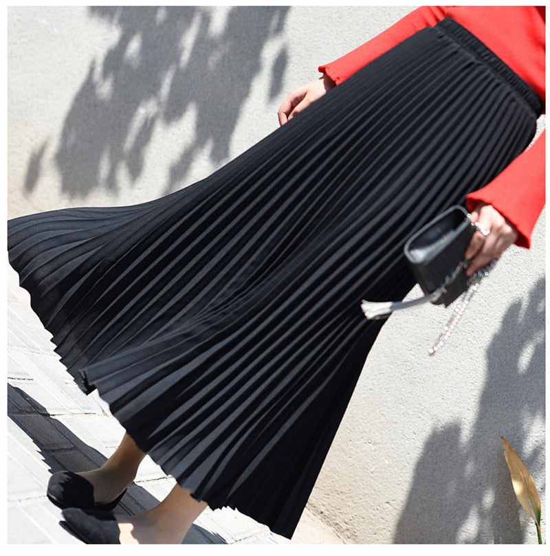 Fashion Pleated Midi Long Skirt Koran Casual High Waist Skirts