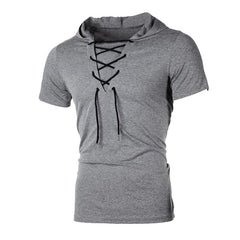 Men T Shirt Hooded Tees Lacing Short Sleeve T-Shirt Slim Fit Sportwear