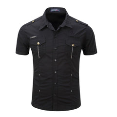 Shirt Men Casual Shirt Solid Short Sleeve Shirts Multi Pocket Work Shirt
