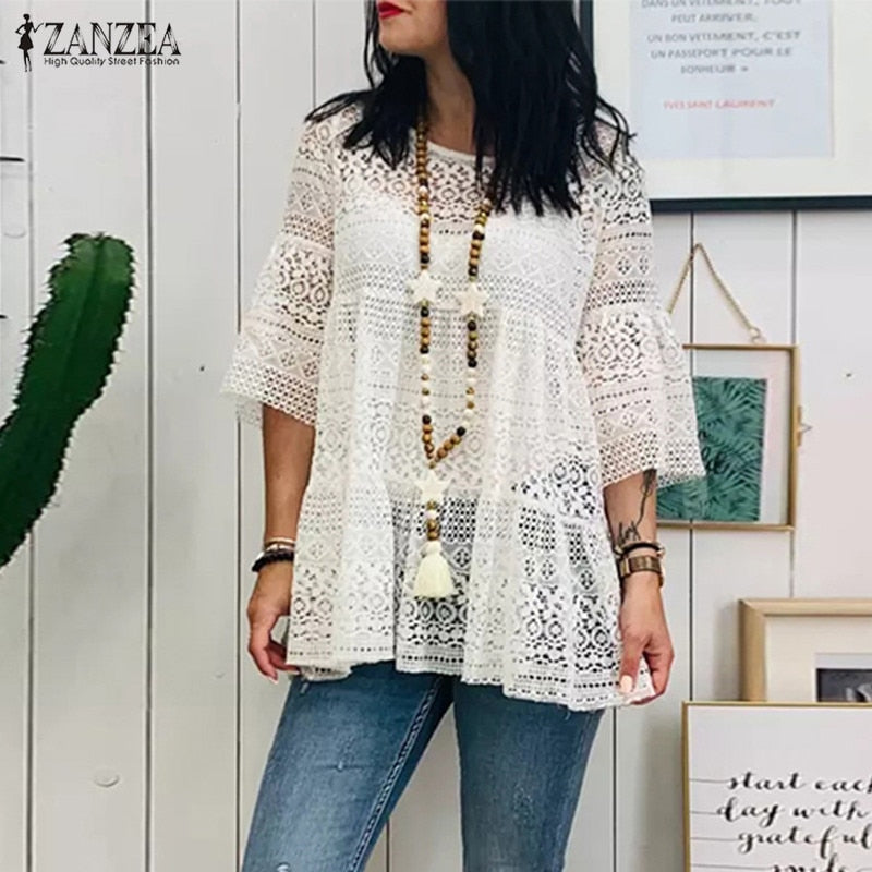 Lace Crochet Blouse Flare Sleeve Hollow Out Shirts