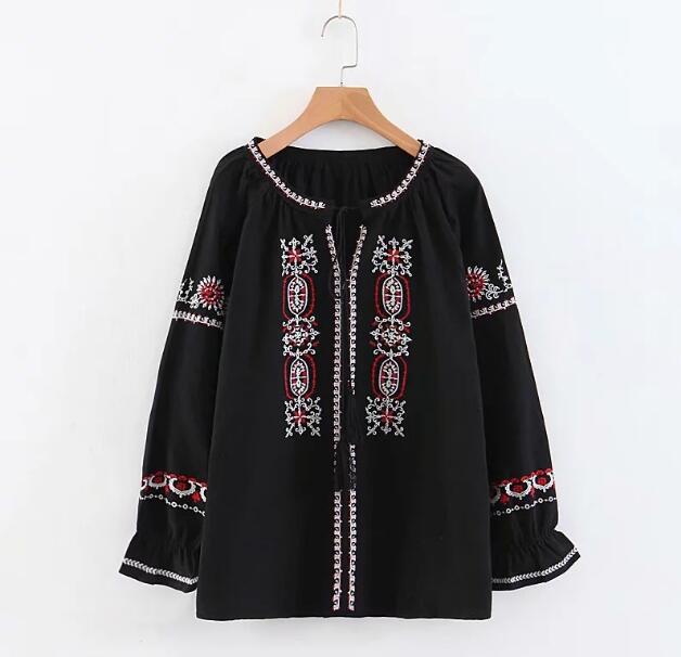 Bohemian Lacing up tassel V neck Flower Embroidery Shirt Long Sleeve