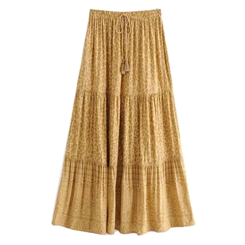 Bohemian Yellow Leopard Print Long Skirt BOHO Waist Swing Skirts